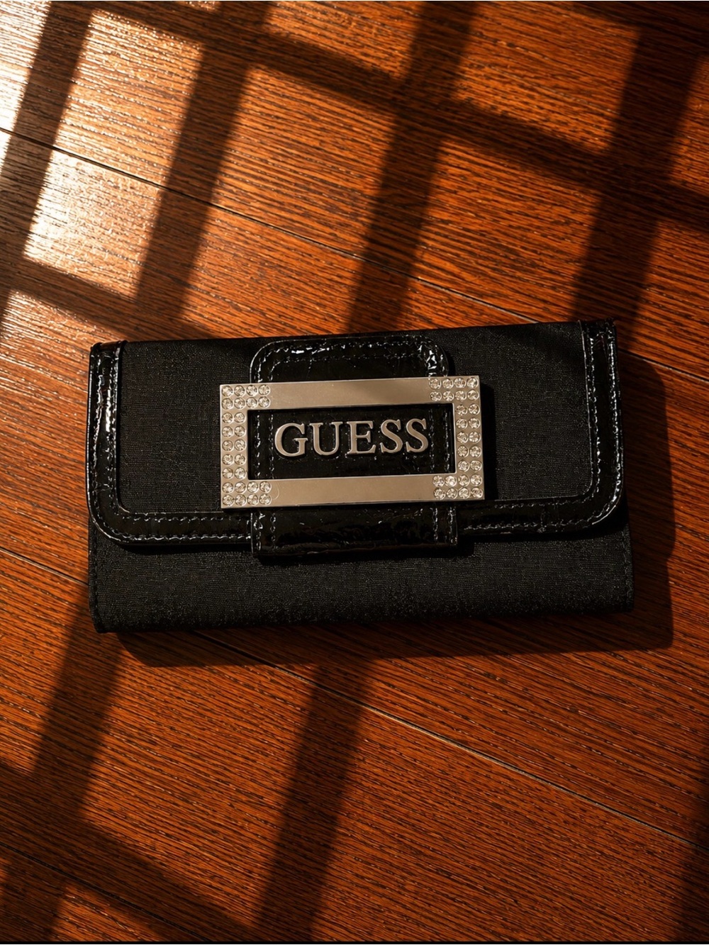 Guess by Marciano Black Continental Wallet with Rhinestone Logo Plaque